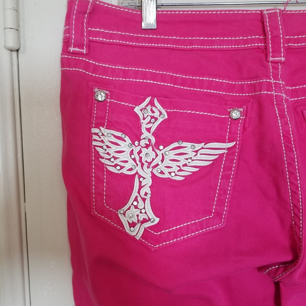 MISS ME SKINNY pink 33 Stretch Rhinestone Embellished Pockets Jeans - Picture 5 of 8